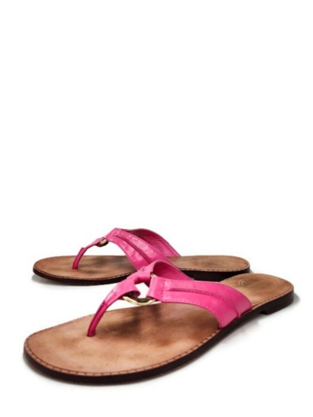Lilly Pulitzer via Palm Beach McKim Pink Leather Gold Ring Thong Slide Sandals
